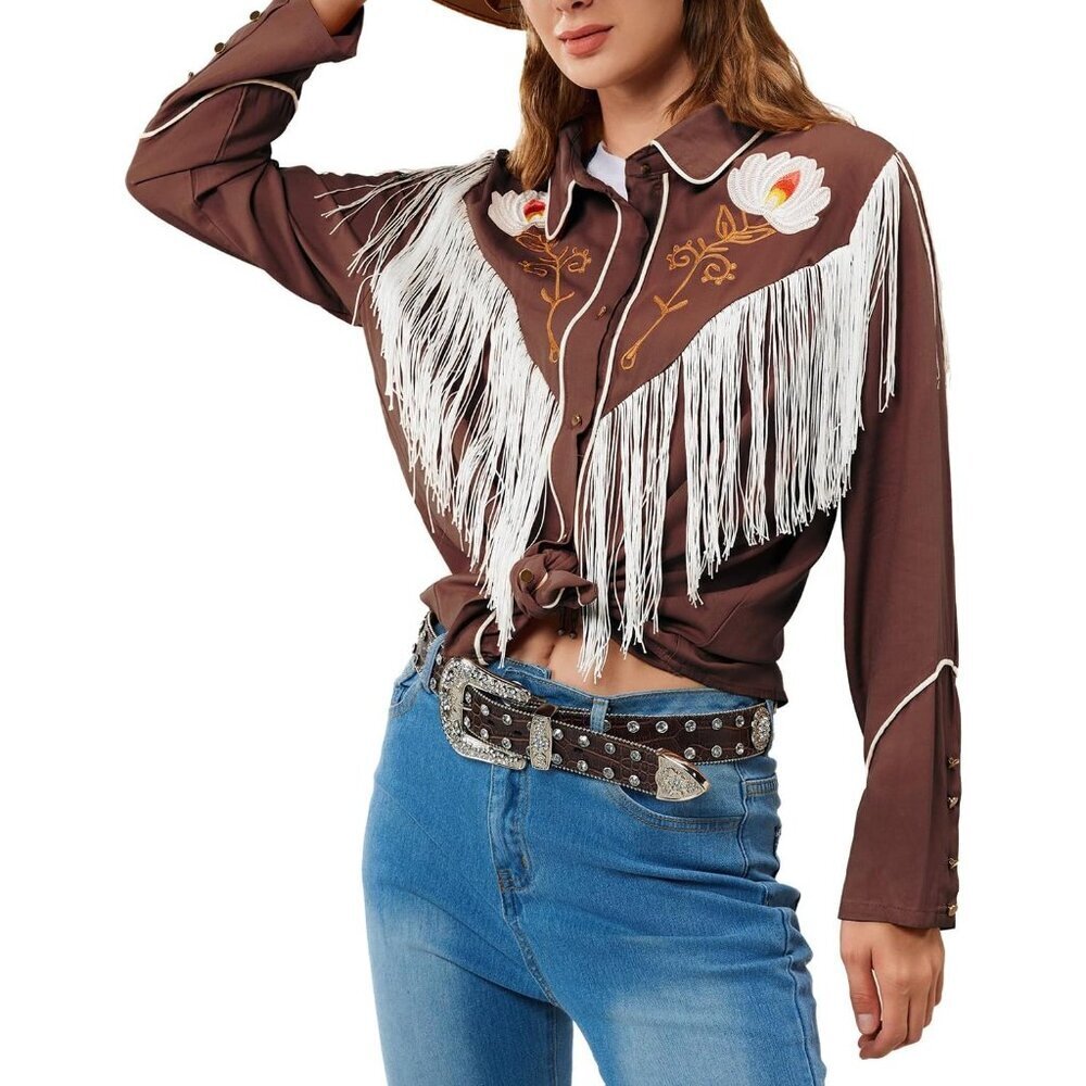 Women's Brown Floral Embroidered Fringe Western Rodeo Button Down Blouse Tops - Picture 3 of 5